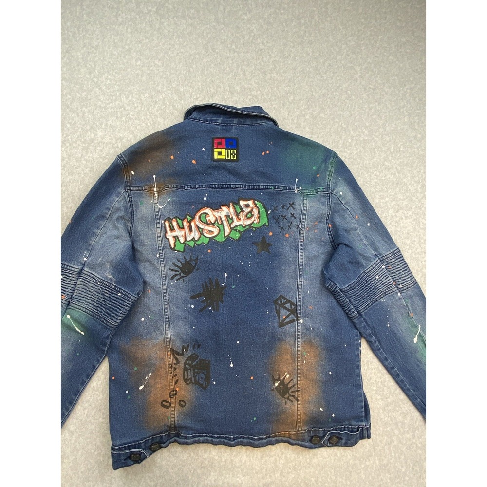 Demo Lition Jacket Mens XL Blue Denim Graffiti Biker NO CAP HUSTLE Art Street - Picture 12 of 16